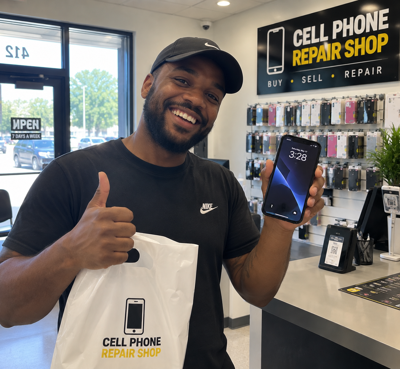 Happy customer with repaired phone inside Cell Phone Repair Shop in Longview